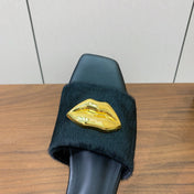 BALMAIN 26S LIP-EMBELLISHED SLIDES IN BLACK PONY HAIR WITH GOLD HARDWARE