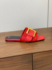 BALMAIN 26S B-BELT FLAT SANDALS IN RED CALFSKIN AND PONY HAIR