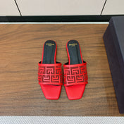 BALMAIN 26S FLAT SANDALS IN RED CALFSKIN AND MESH