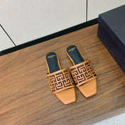 BALMAIN 26S FLAT SANDALS IN LIGHT BROWN CALFSKIN AND MESH