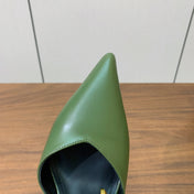 BALMAIN 26S HIGH-HEELED MULES 95 MM IN OLIVE GREEN CALFSKIN AND PONY HAIR