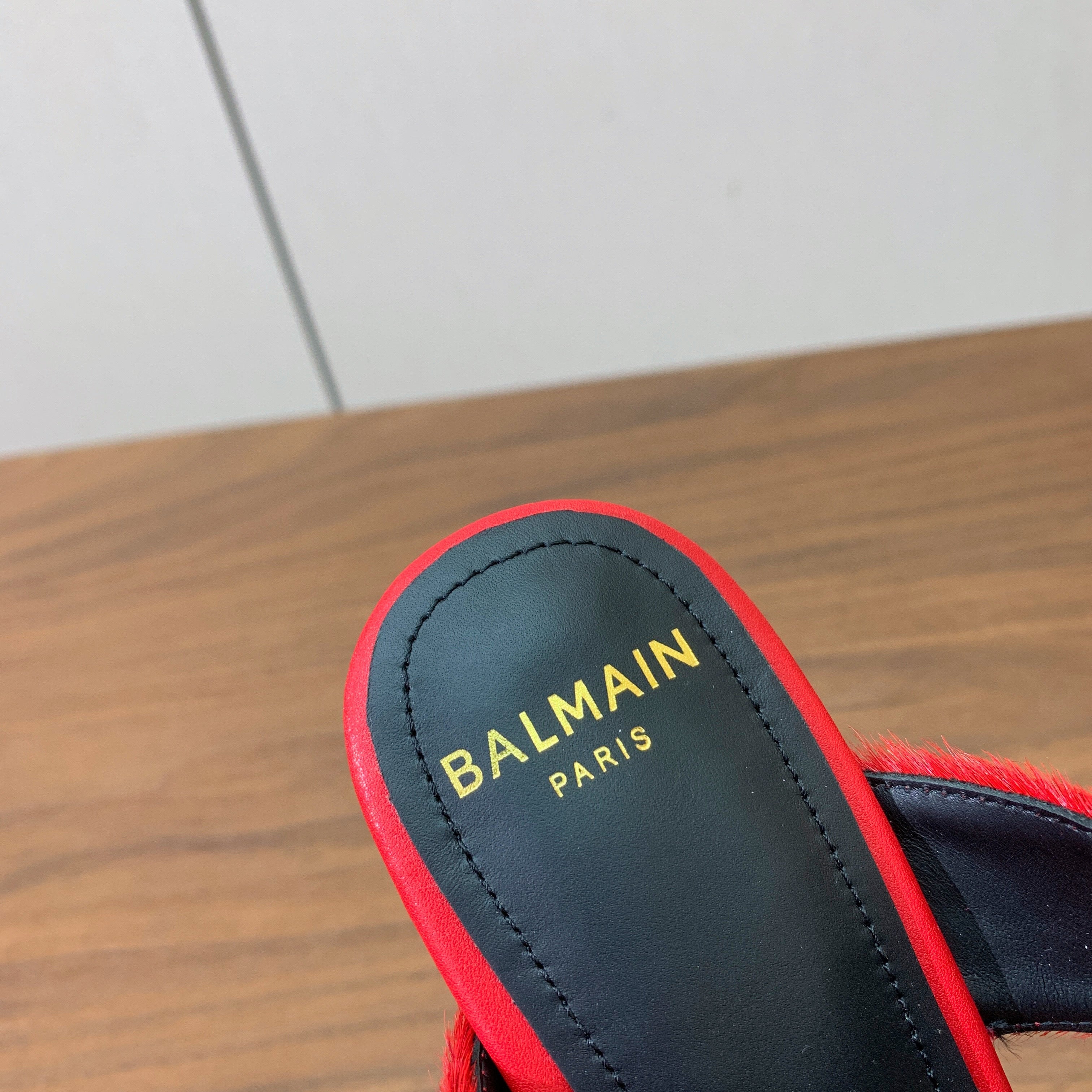 BALMAIN 26S HIGH-HEELED MULES 95 MM IN RED CALFSKIN AND PONY HAIR