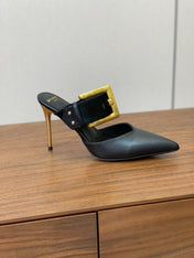 BALMAIN 26S HIGH-HEELED MULES 95 MM IN BLACK CALFSKIN AND PONY HAIR