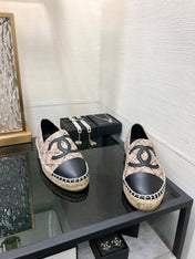 ESPADRILLE CAMEL BEIGE TWEED FABRIC AND BLACK CALFSKIN FLATS