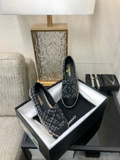 ESPADRILLE BLACK MIX WHITE TWEED FABRIC AND CALFSKIN FLATS