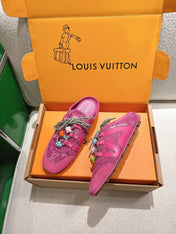 LV 26S MULE SNEAKERS IN DARK PINK DENIM AND SUEDE WITH FLOWER CHARM