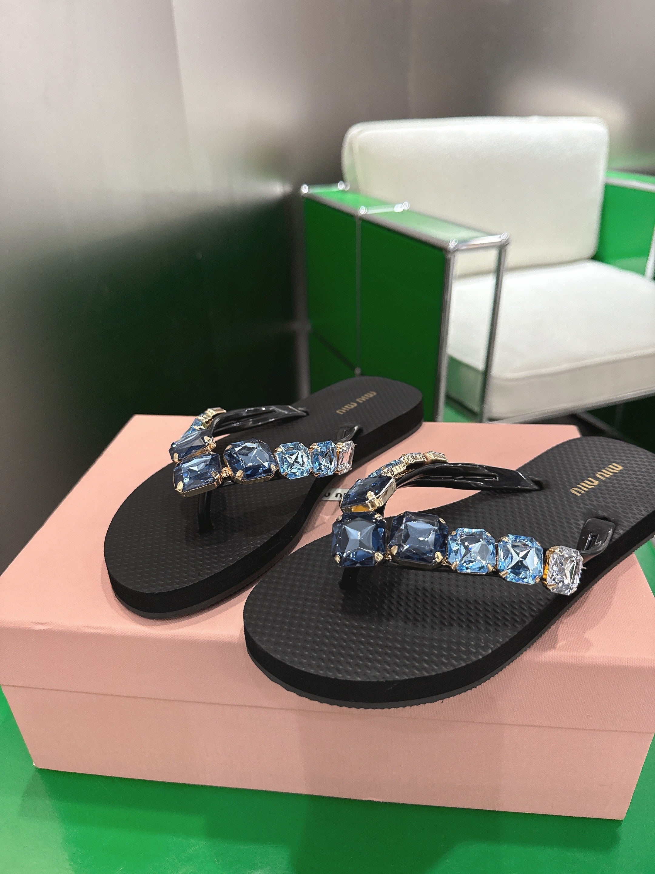 MIUMIU 26S THONG SANDALS IN BLACK EVA BLUE CRYSTAL-EMBELLISHED