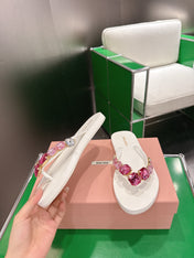 MIUMIU 26S THONG SANDALS IN WHITE EVA PINK CRYSTAL-EMBELLISHED