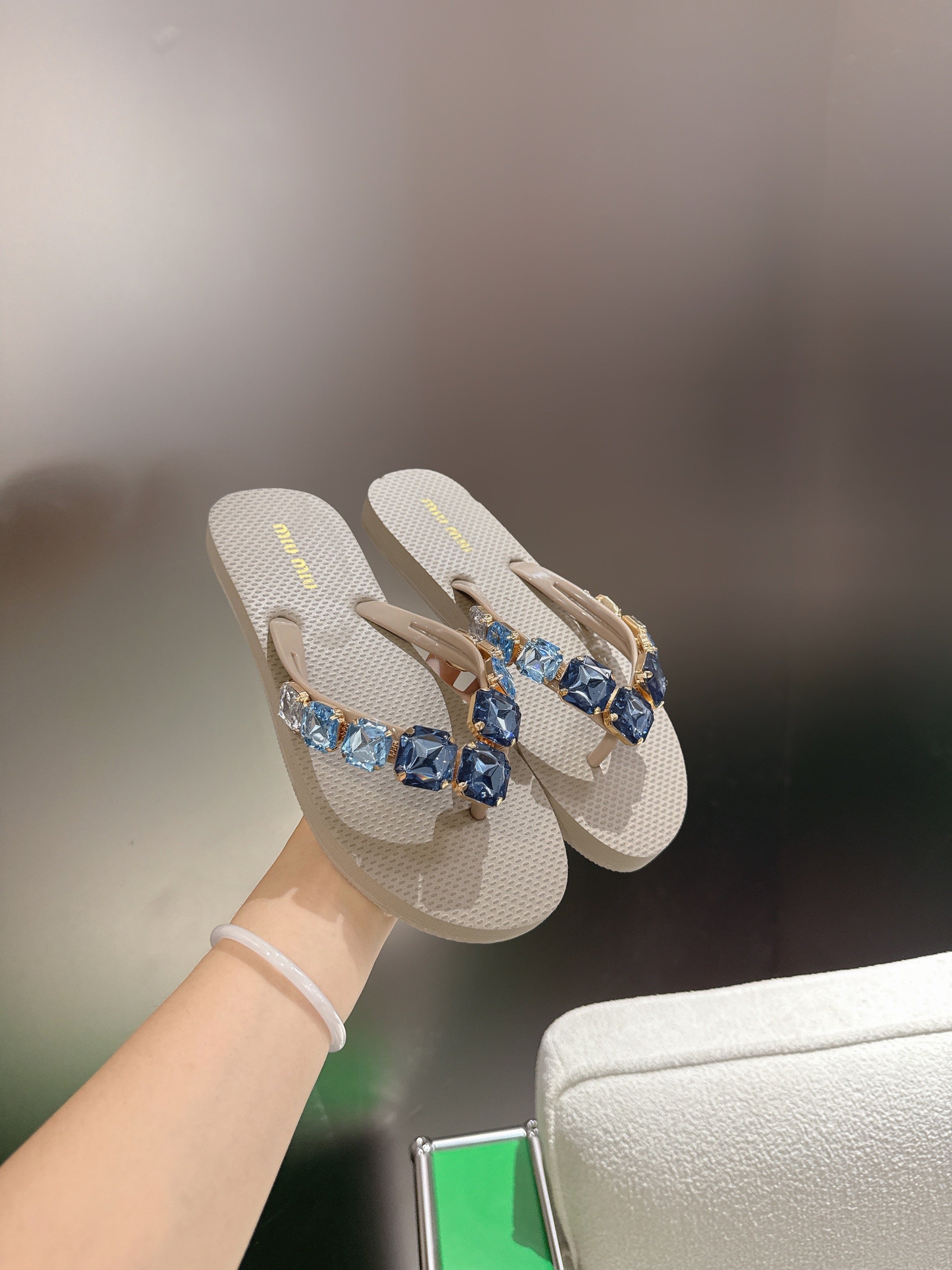 MIUMIU 26S THONG SANDALS IN BEIGE EVA CRYSTAL-EMBELLISHED