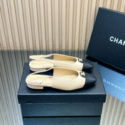 CHANEL 25S SLINGBACK FLATS IN BEIGE CALFSKIN GOLD HARDWARE