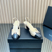 CHANEL 25S SLINGBACK SHOE LOGO 65MM IN BEIGE CALFSKIN GOLD HARDWARE