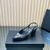 CHANEL 25S SLINGBACK SHOE LOGO 65MM IN BLACK CALFSKIN GOLD HARDWARE