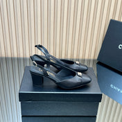 CHANEL 25S SLINGBACK SHOE LOGO 65MM IN BLACK CALFSKIN GOLD HARDWARE