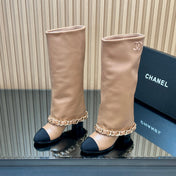 CHANEL 25S KNEE-HIGH HEELED BOOTS 65MM IN BEIGE CALFSKIN GOLD HARDWARE