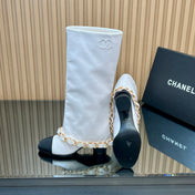 CHANEL 25S KNEE-HIGH HEELED BOOTS 65MM IN WHITE CALFSKIN GOLD HARDWARE
