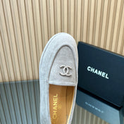 CHANEL 25S TEDDY LOAFER 15MM IN LIGHT GRAY SUEDE SILVER HARDWARE