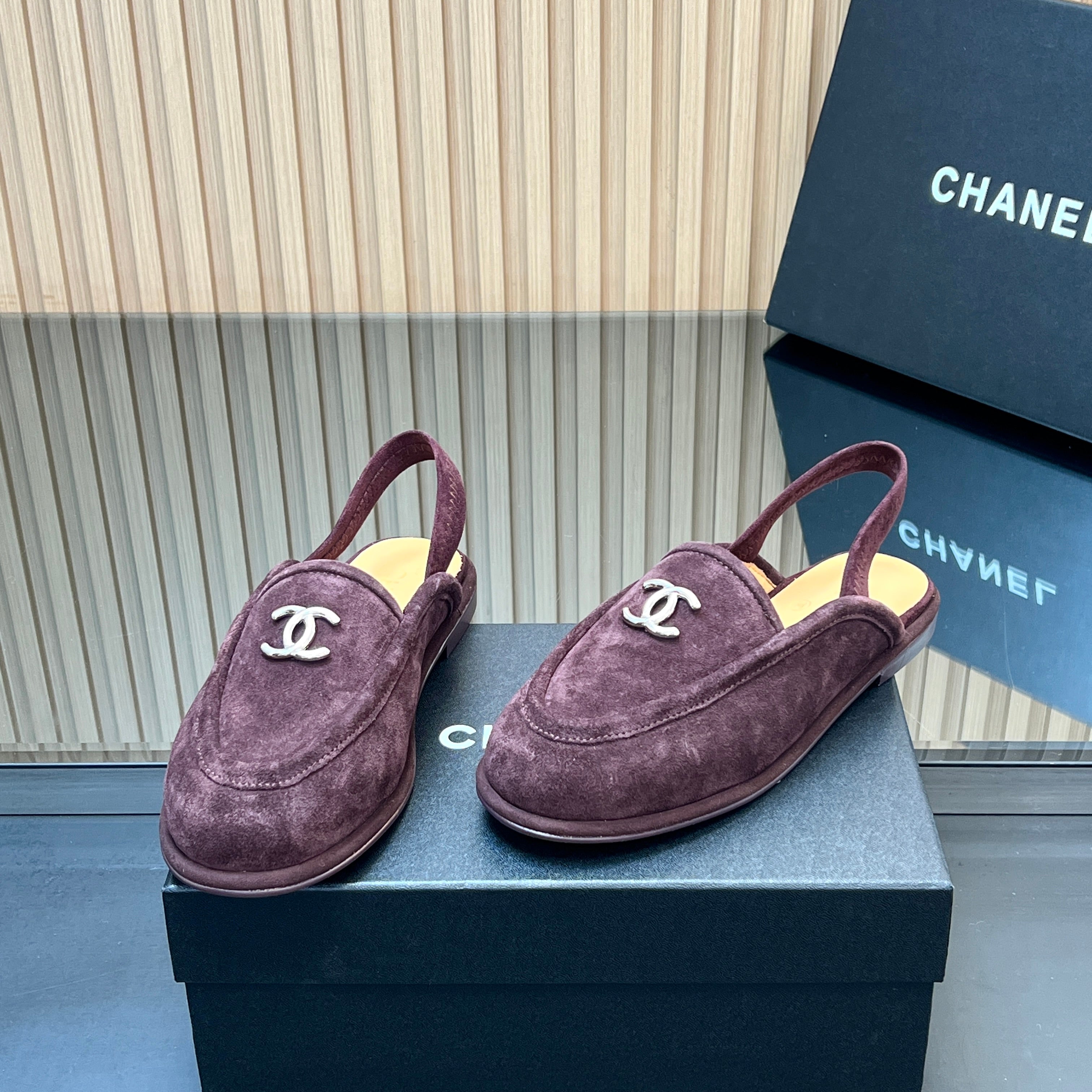 CHANEL 25S BACK STRAP MULE 15MM IN DARK PURPLE SUEDE SILVER HARDWARE