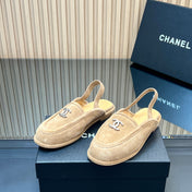 CHANEL 25S BACK STRAP MULE 15MM IN LIGHT BROWN SUEDE SILVER HARDWARE