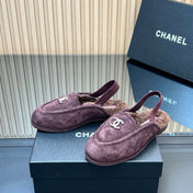 CHANEL 25S BACK STRAP MULE 15MM IN DARK PURPLE SUEDE AND WOOL GOLD HARDWARE