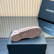 CHANEL 25S BACK STRAP MULE 15MM IN TAUPE GRAY SUEDE AND WOOL SILVER HARDWARE