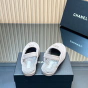 CHANEL 25S BACK STRAP MULE 15MM IN LIGHT PURPLE SUEDE AND WOOL SILVER HARDWARE