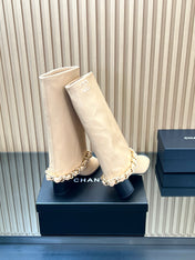 CHANEL 25S HIGH BOOTS 65MM IN BEIGE CALFSKIN GOLD HARDWARE