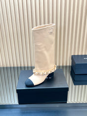CHANEL 25S HIGH BOOTS 65MM IN BEIGE CALFSKIN GOLD HARDWARE