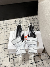 KNIFE CHEMISE 45MM SLINGBACK IN WHITE MIX BLACK COTTON AND CALFSKIN