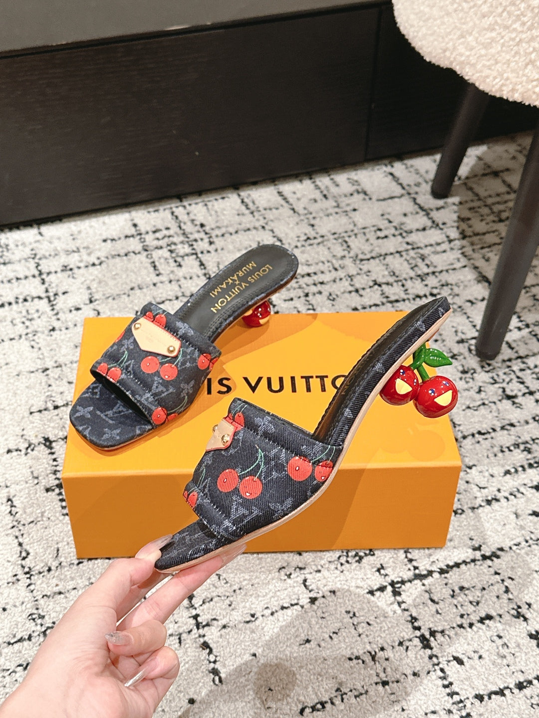 LV CHERRY HIGH HEELS 25S 55 MM IN CHARCOAL BLACK DENIM STYLE 10
