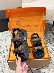 LV WEDGE SANDALS 25S 55 MM IN BROWN AND BLACK CALFSKIN WITH LOGO PATTERN