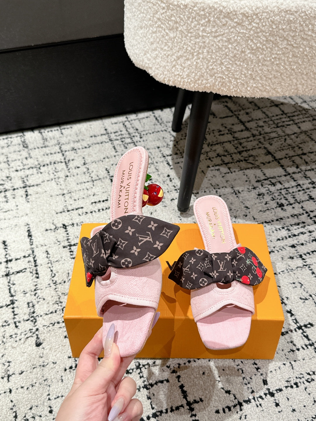 LV CHERRY HIGH HEELS 25S IN LIGHT PINK DENIM WITH BOW STYLE 6