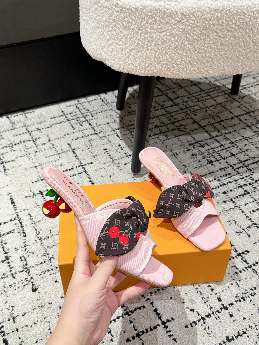 LV CHERRY HIGH HEELS 25S IN LIGHT PINK DENIM WITH BOW STYLE 6