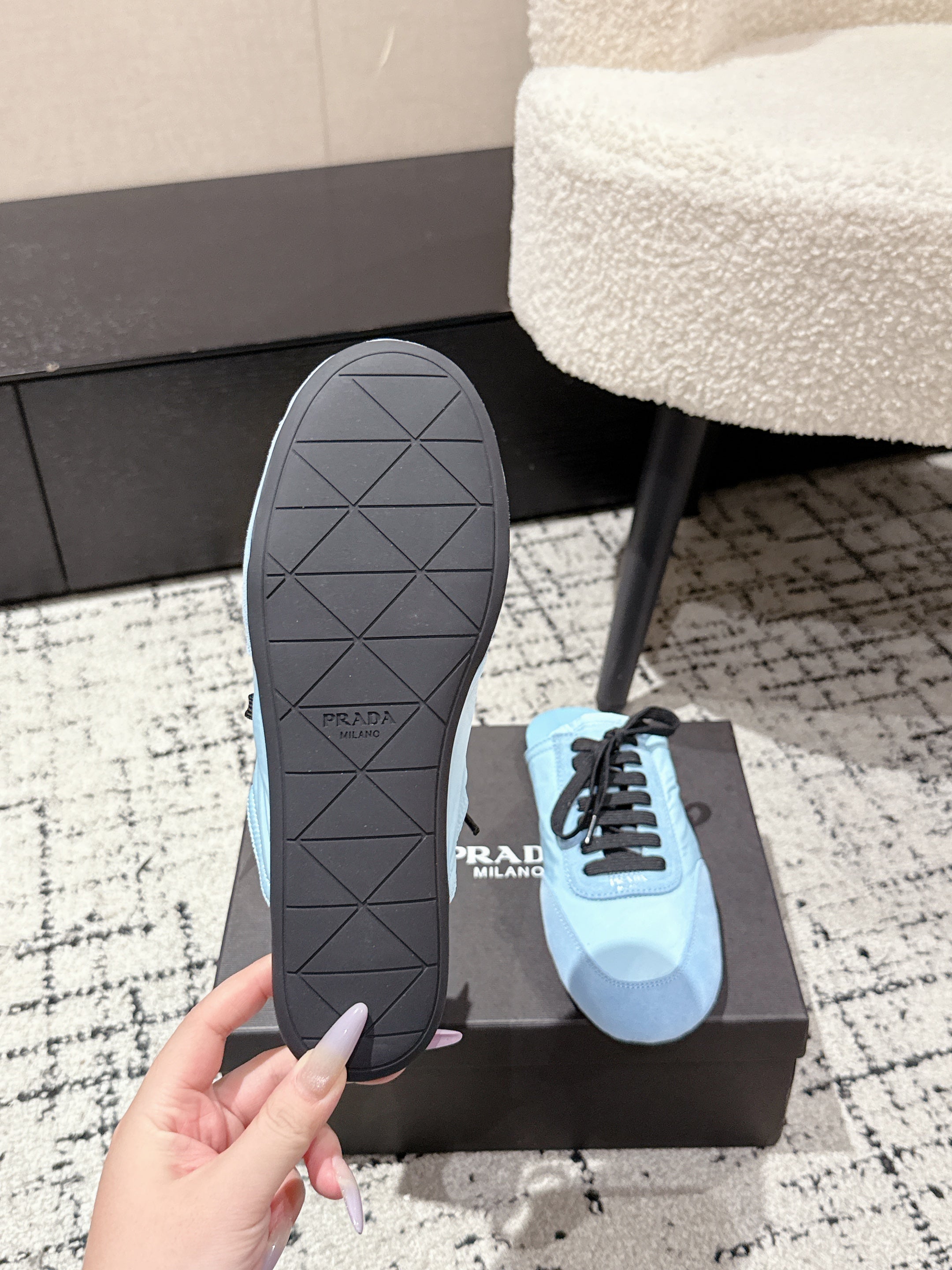 PRADA 25S DEXUN MULE IN LIGHT BLUE SUEDE LEATHER