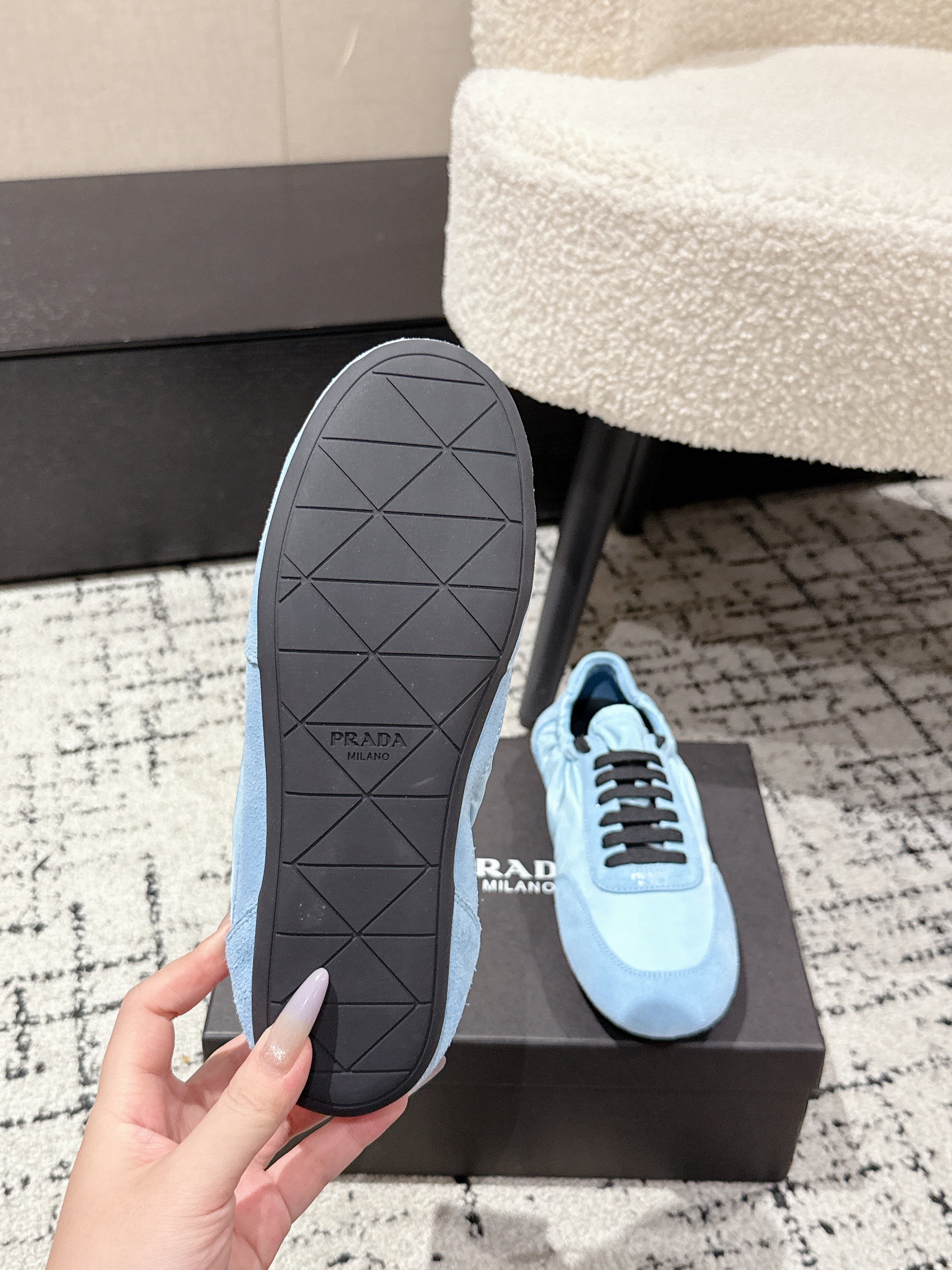 PRADA 25S COLLAPSE SNEAKERS IN LIGHT BLUE RE NYLON AND SUEDE