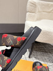 LV MIAMI-STYLE SANDALS 25S IN BROWN FABRIC AND BLACK CALFSKIN
