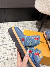 LV MIAMI DOUBLE-STRAP SANDALS 25S IN BLUE DENIM AND CALFSKIN