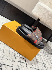 LV MIAMI-STYLE SANDALS 25S IN BROWN FABRIC AND BLACK CALFSKIN