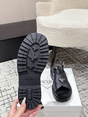 PRADA 25S CRISSCROSS SANDALS IN BLACK CALFSKIN LOGO