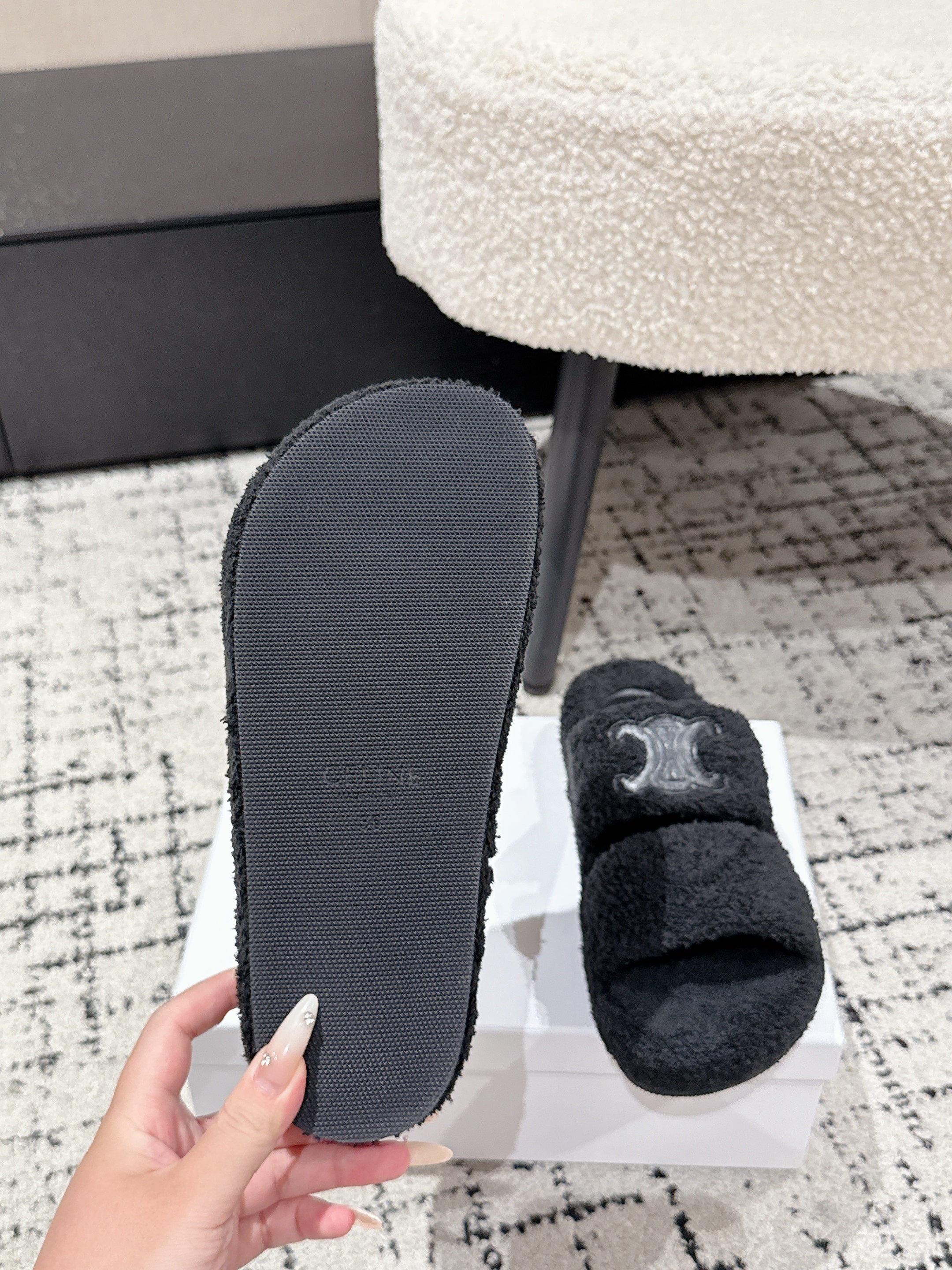 CELINE 25S SLIDES TRIOMPHE IN BLACK SPONGE FABRIC
