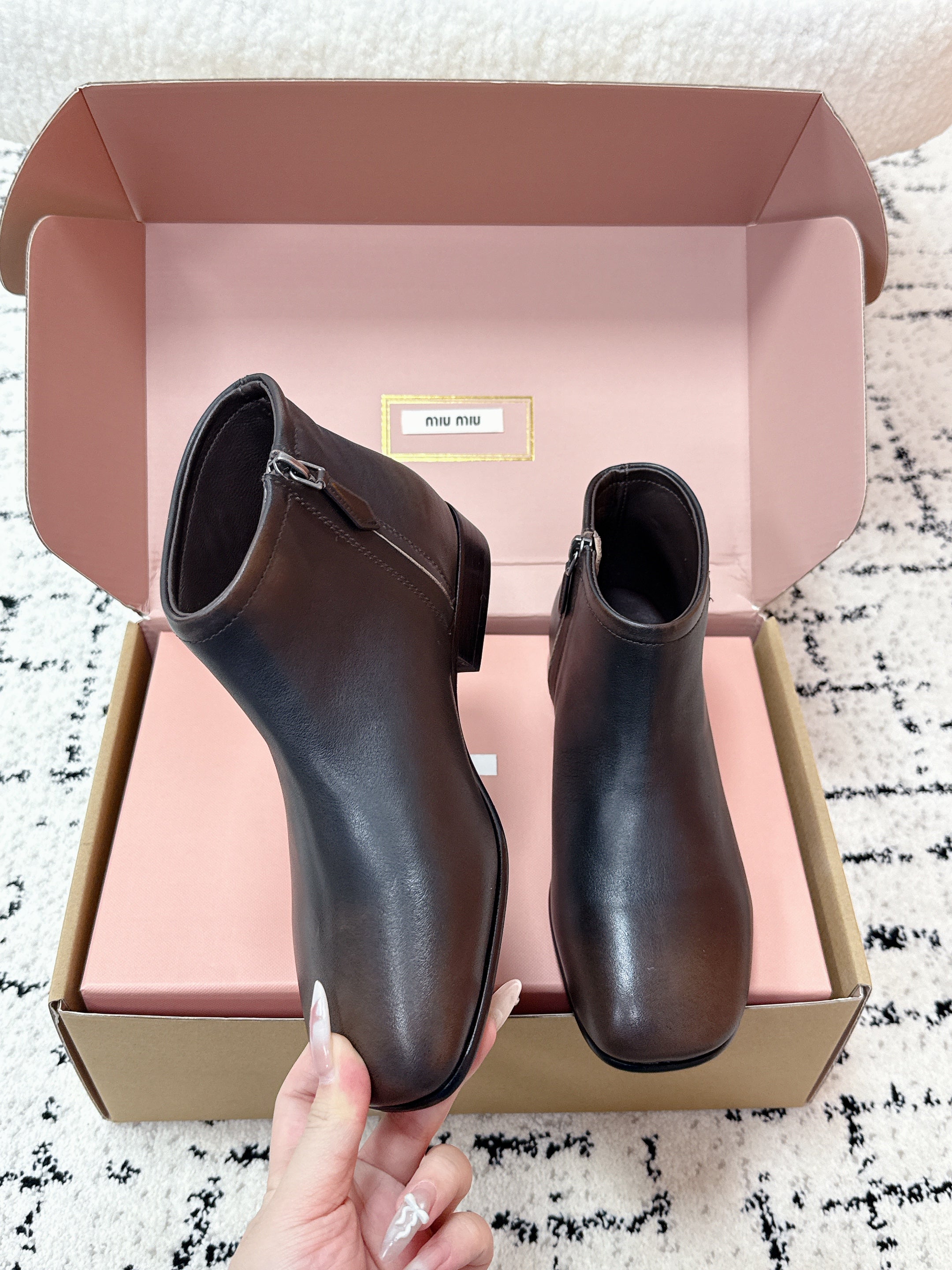 MIUMIU 26S BOOTIES IN DARK BROWN  FUME CALFSKIN