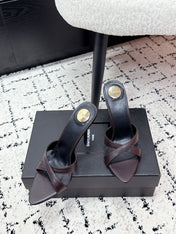 YSL 26S HEELED SANDALS 95 MM IN WINE BROWN CALFSKIN WITH CROSS STRAP