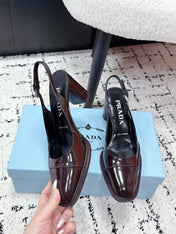PRADA 26S SLINGBACK PUMPS 70MM IN DARK BROWN PATENT CALFSKIN