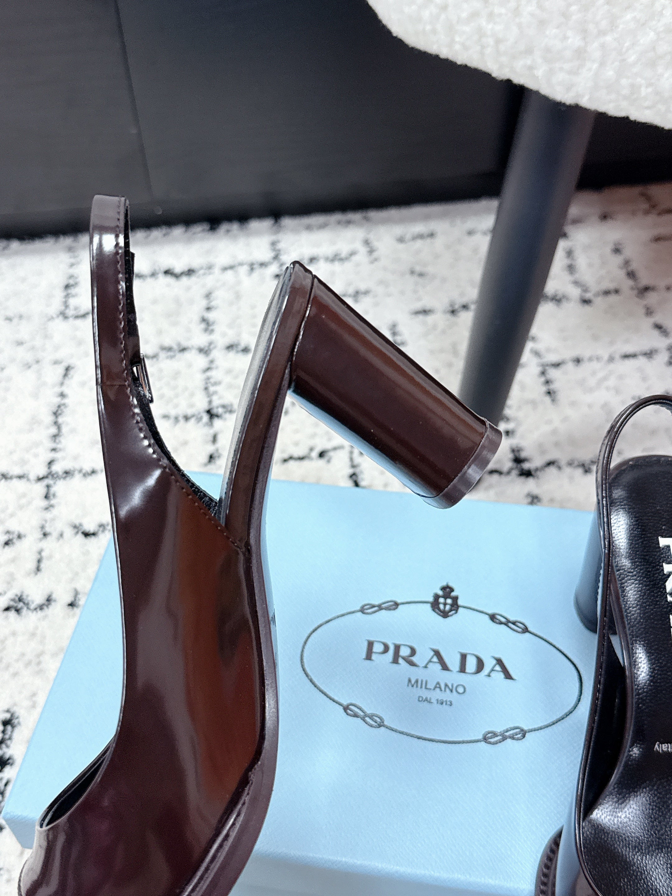 PRADA 26S SLINGBACK PUMPS 70MM IN DARK BROWN PATENT CALFSKIN