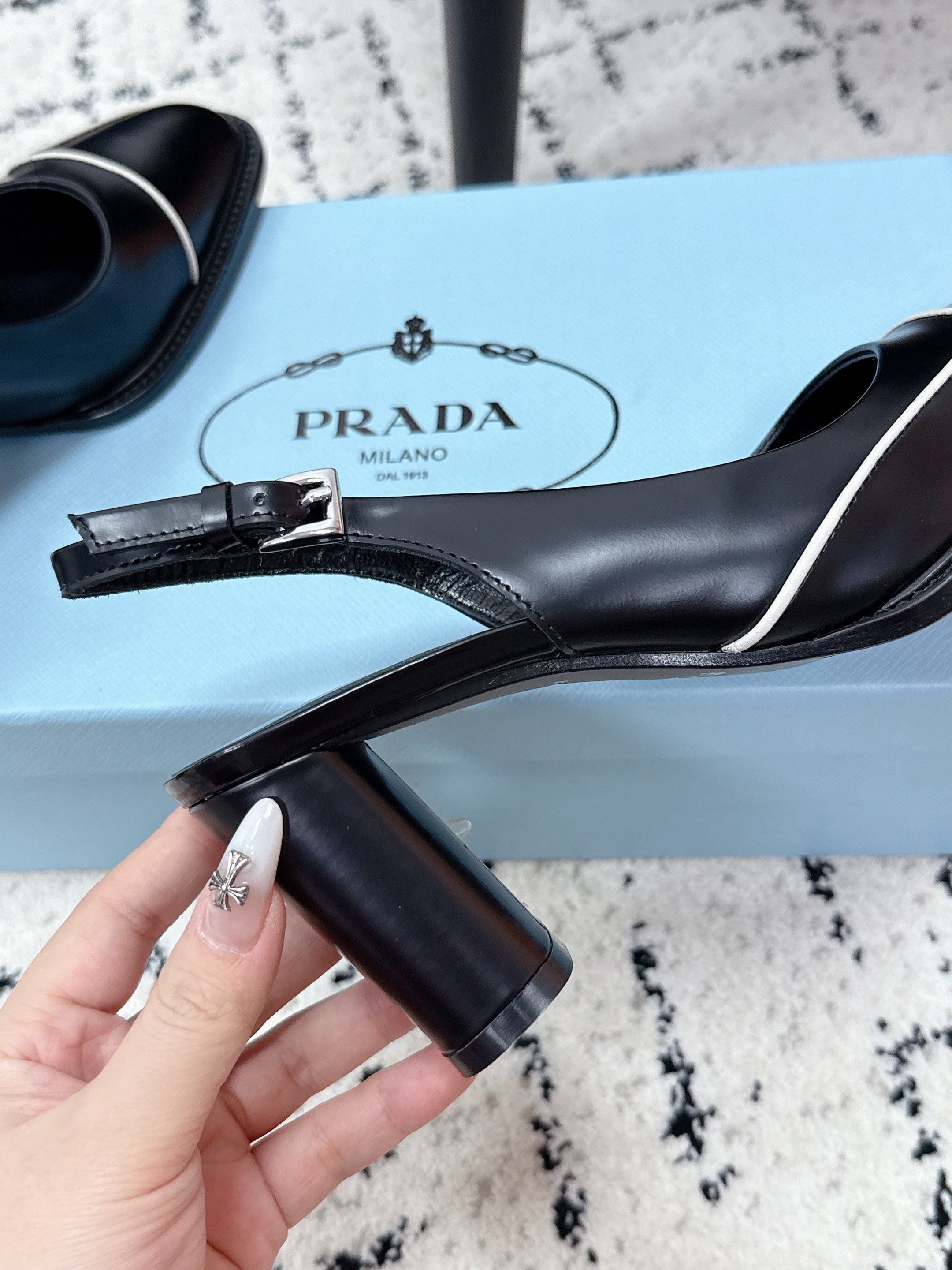 PRADA 26S SLINGBACK PUMPS 70MM IN BLACK SHINY CALFSKIN