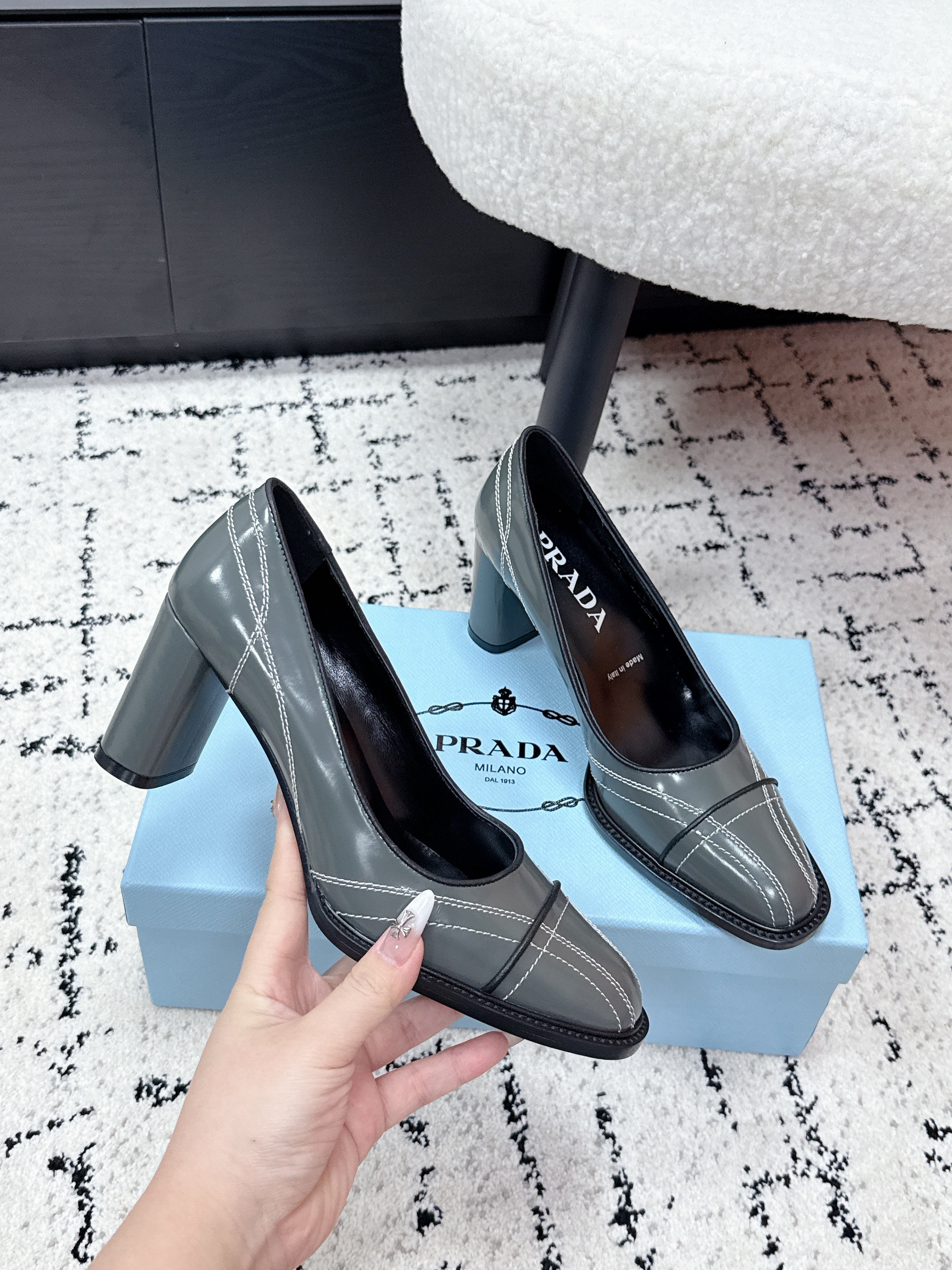 PRADA 26S BOWLING-STYLE HIGH HEELS 70MM IN STEEL GRAY GLOSSY CALFSKIN
