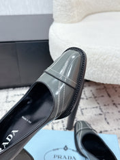 PRADA 26S BOWLING-STYLE HIGH HEELS 70MM IN STEEL GRAY GLOSSY CALFSKIN