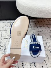 DIOR 26S SLIDES IN NAVY BLUE EMBOSSED OBLIQUE LACE EMBROIDERY