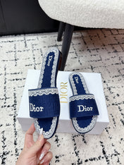 DIOR 26S SLIDES IN NAVY BLUE EMBOSSED OBLIQUE LACE EMBROIDERY