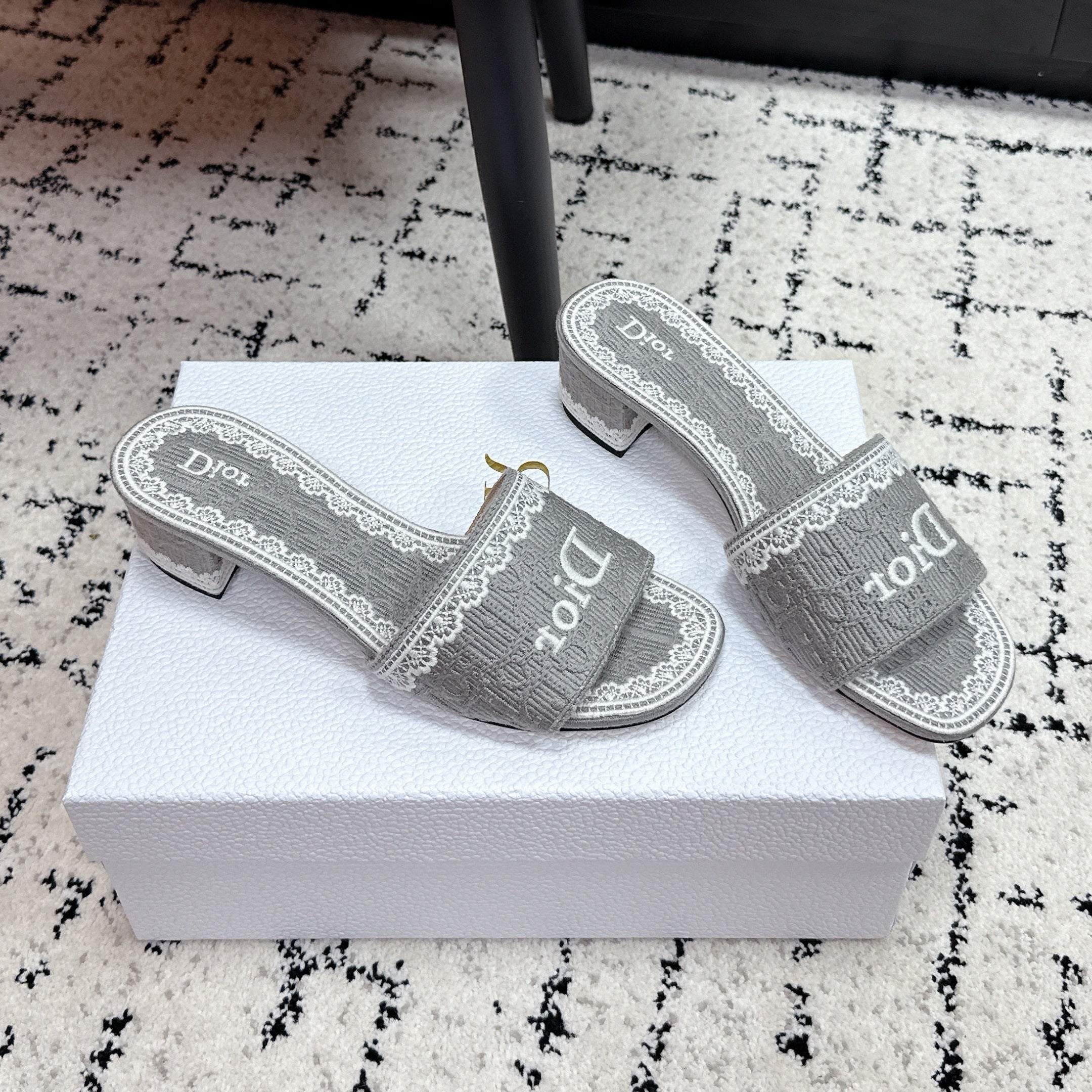 DIOR 26S HIGH HEEL SLIDES IN GREY EMBOSSED OBLIQUE LACE EMBROIDERY