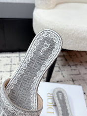 DIOR 26S HIGH HEEL SLIDES IN GREY EMBOSSED OBLIQUE LACE EMBROIDERY